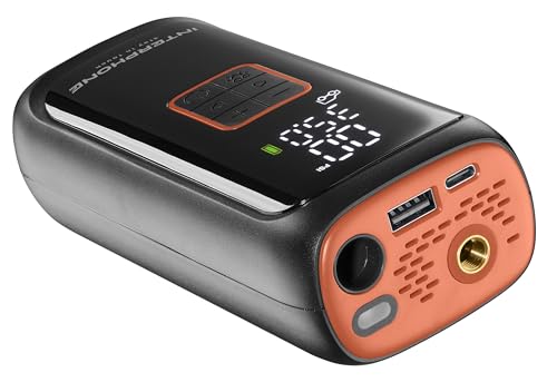 INTERPHONE Compresor portátil de Bolsillo Recargable para Moto, Coche, Bicicleta – Kit de inflado de neumáticos – hasta 4 neumáticos – 4 Minutos de Goma – Luz LED – Pantalla de presión