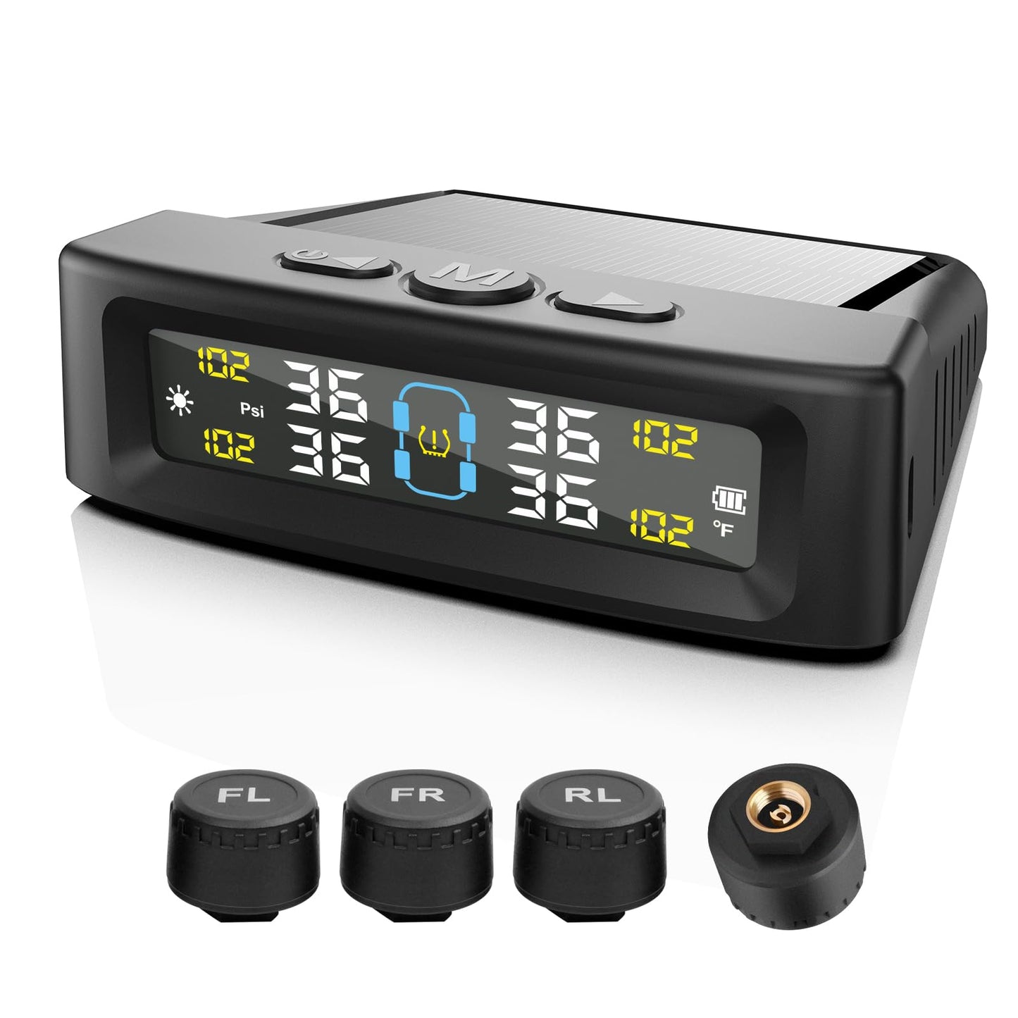 KAOLALI Sistema de monitoreo de presión de neumáticos TPMS Solar Wireless Monitor de presión de neumáticos con 4 sensores externos, visualización en tiempo real, presión de temperatura, 5 bares, carga
