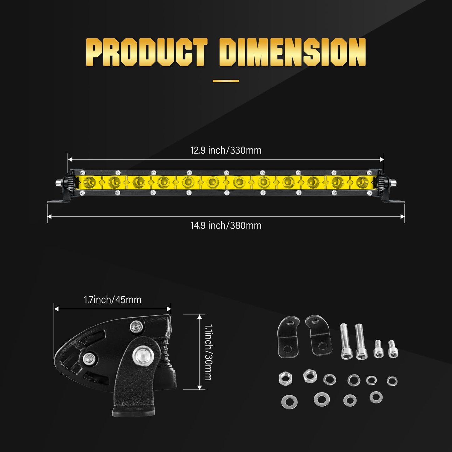 RIGIDON Amarillo Barra de luz led, 12V 24V 13 Pulgadas 60W, Unica Fila Delgado Barras Luminosas led para Off Road camión Coche ATV SUV 4x4 Todoterreno, Lampara Foco, 3000k Faros antiniebla