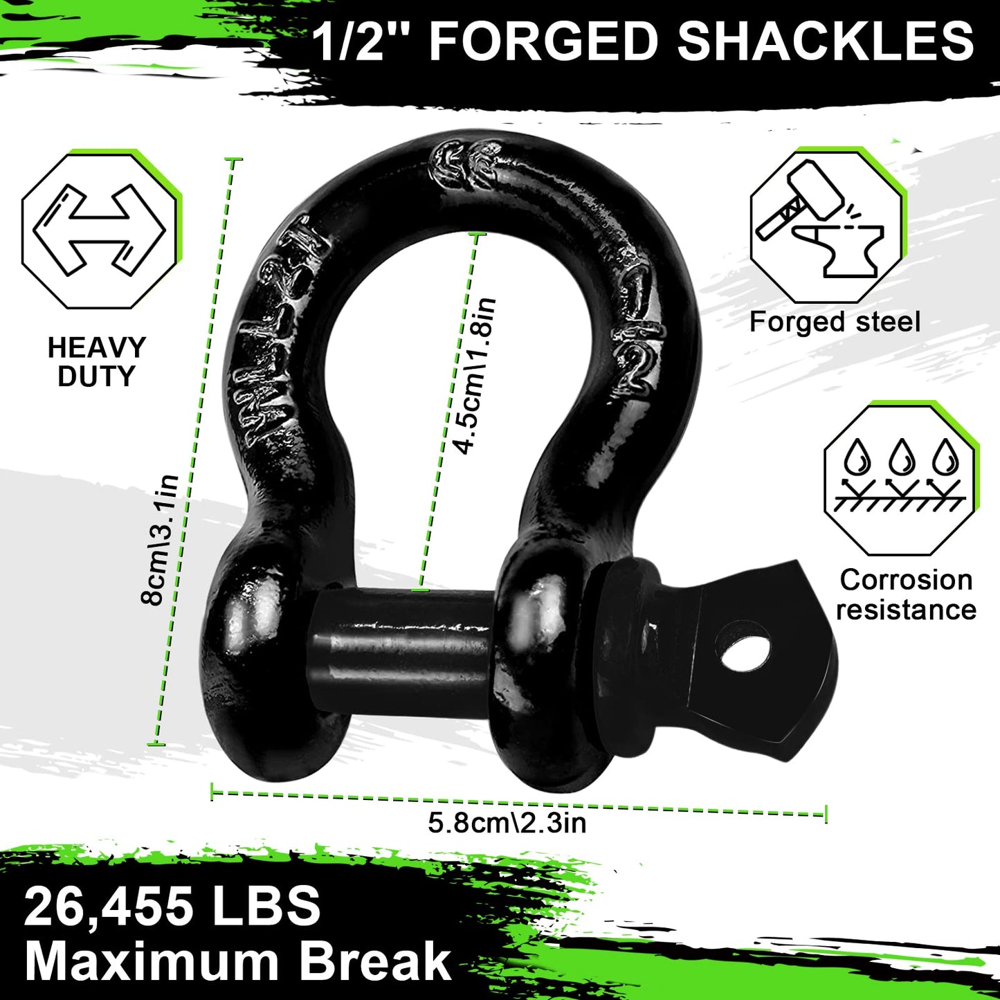 Cuerda de Remolque para Coche 10T, UIHOL 1/2'' Grillete Proa con Una Resistencia la Rotura de 26,455 LBS, 5M Eslinga 4x4 de Emergencia Vehículo para Mayor Seguridad,Diseño Verde Fluorescente
