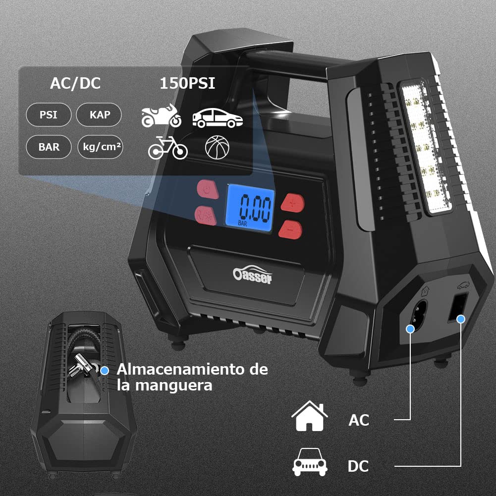 Oasser Inflador Ruedas Coche DC 12V y AC 220V Compresor Aire portatil con Pantalla LCD Luz LED Cable de 3M 150PSI para Coches, Motos y Bicicletas