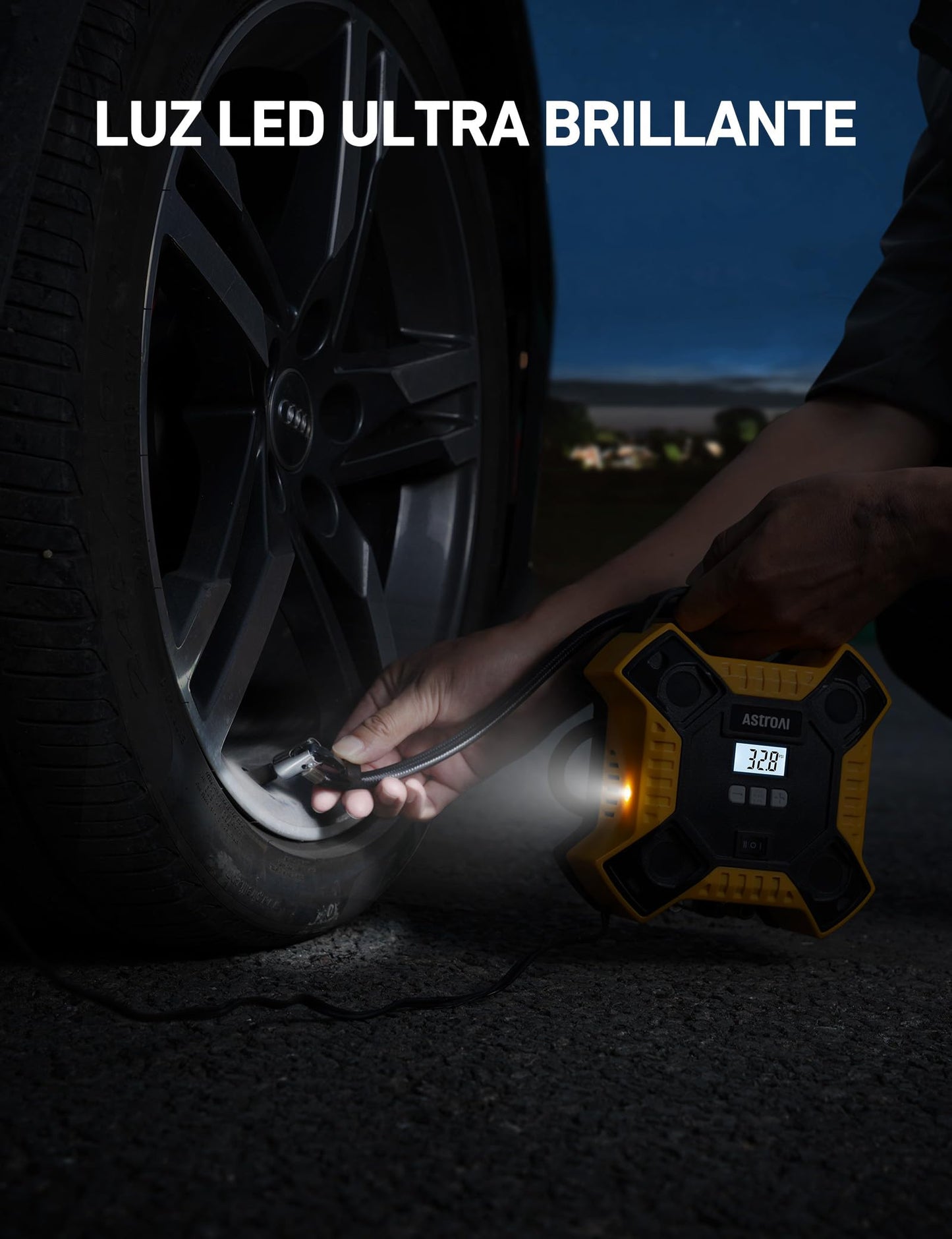 AstroAI Inflador Ruedas Coche de 160 PSI 12V con Larga Vida Útil, Compresor Aire Portátil, Compresor Aire Coche, Hinchador Ruedas Coche con Luz LED, Pantalla Digital y Manómetro para Coche y Etc.