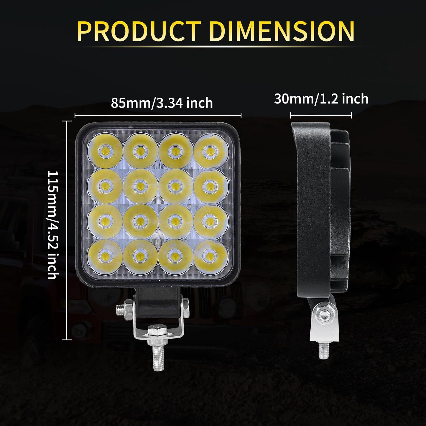 RIGIDON 4 Pcs Faro de trabajo rectangular, 3.3 pulgadas mini 48W, Spot lámpara trabajo led para off road camión coche ATV 4x4 tractor moto, Exterior foco led 12v 24v spotlights faros antiniebla