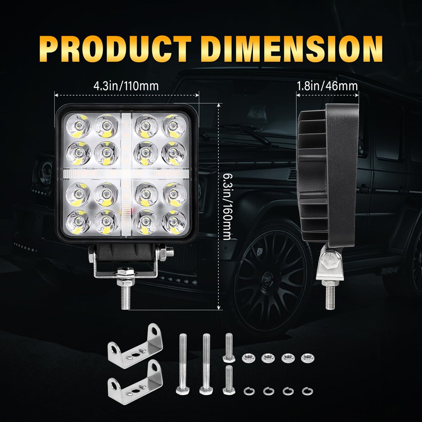 RIGIDON 4 Piezas 4 pulgadas 48W faro de trabajo rectangular, Blanco y ámbar spot lámpara trabajo led para off road camión coche ATV 4x4 tractor, Exterior foco led 12v 24v spotlights faros antiniebla