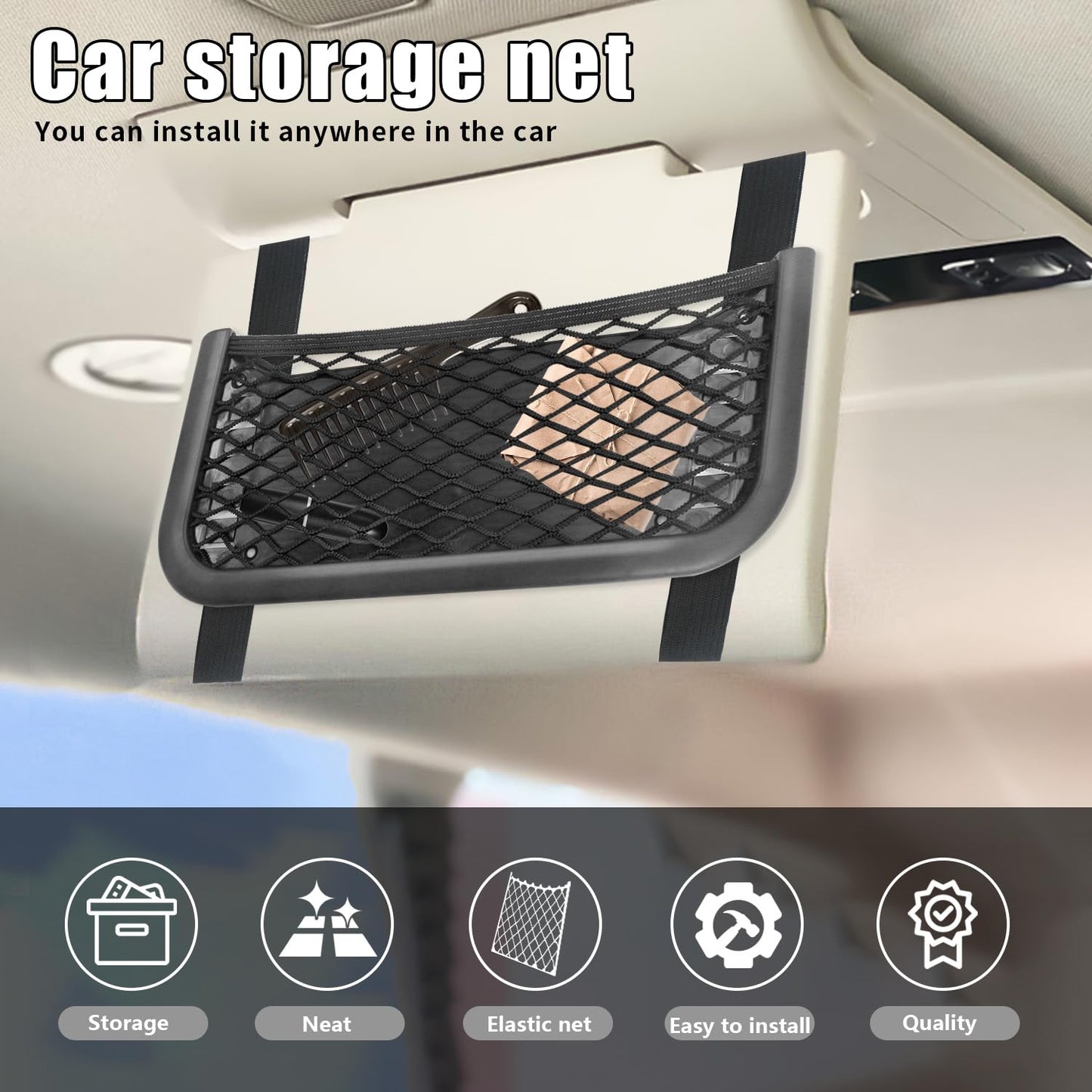 Red Bolso Coche Organizador Maletero - 2 Piezas Bolsa de Malla para Maletero, Universal Redes de Almacenamiento Autoadhesivo para Caravanas, Camiones y Autocaravanas (26 x 12 cm, Negro)