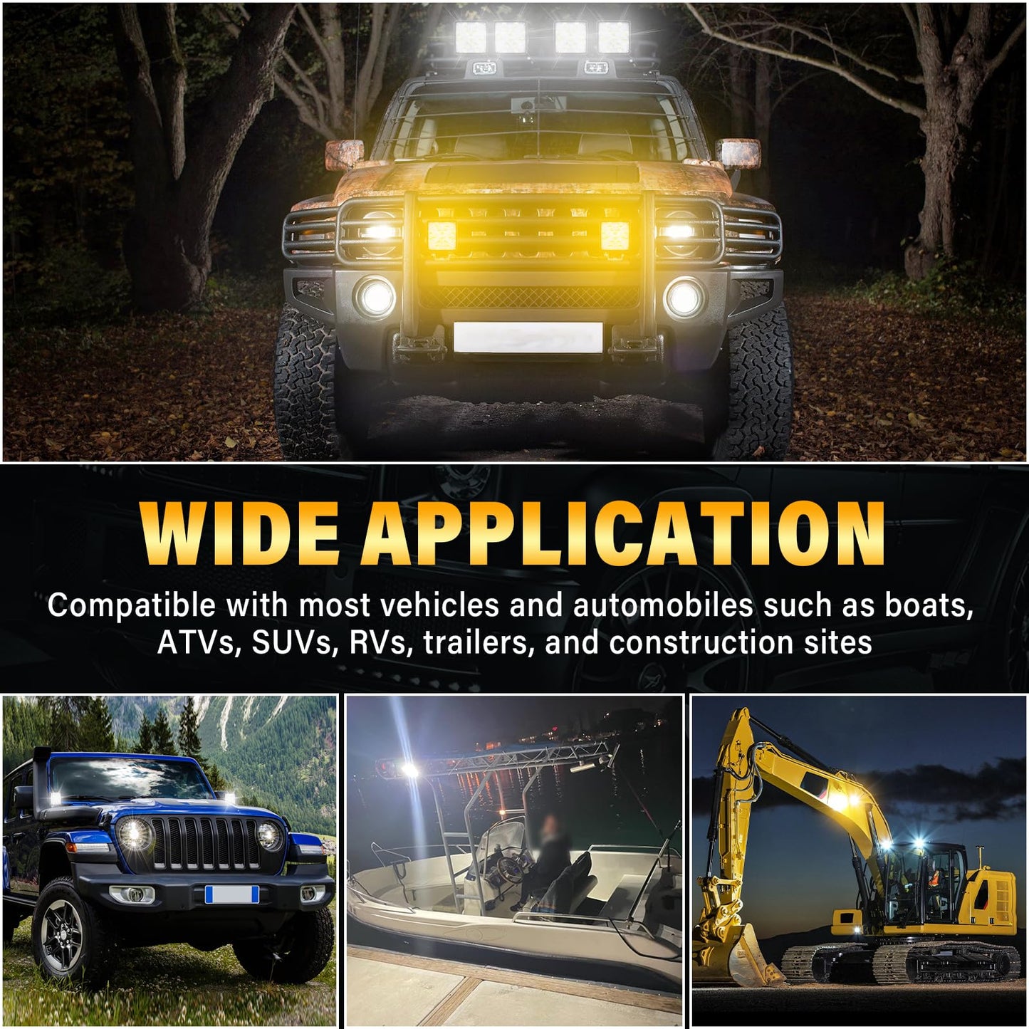 RIGIDON 4 Piezas 4 pulgadas 48W faro de trabajo rectangular, Blanco y ámbar spot lámpara trabajo led para off road camión coche ATV 4x4 tractor, Exterior foco led 12v 24v spotlights faros antiniebla