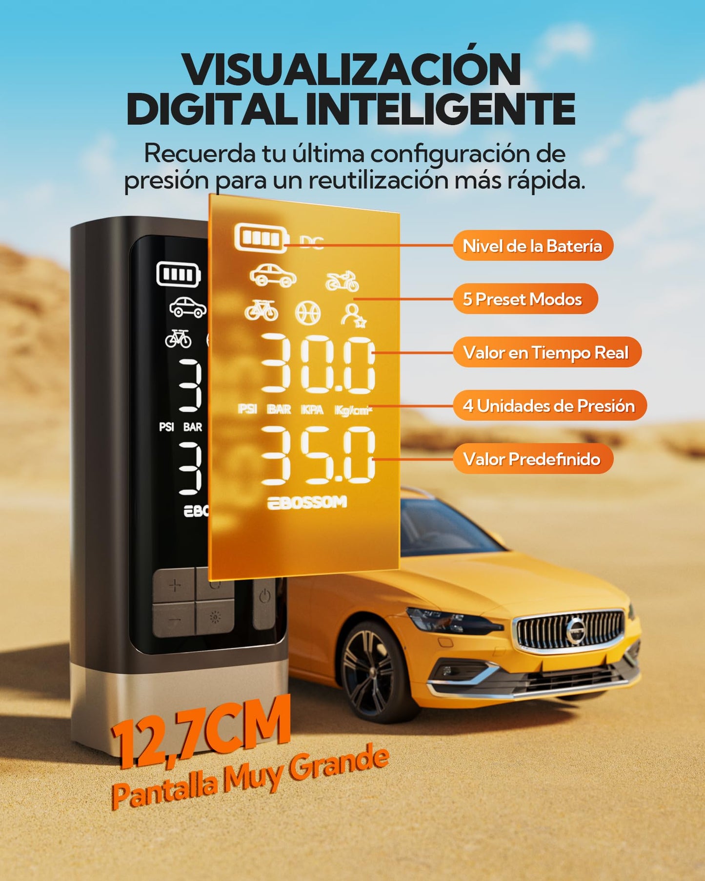 Compresor Aire portátil,Inflador Ruedas Coche 10,3Bar,Bomba de Aire Multifuncional con Motor bicilíndrico y 2500 mAh,Kit de Emergencia para vehículos Grandes,Pickups, Motos.con iluminación LED.