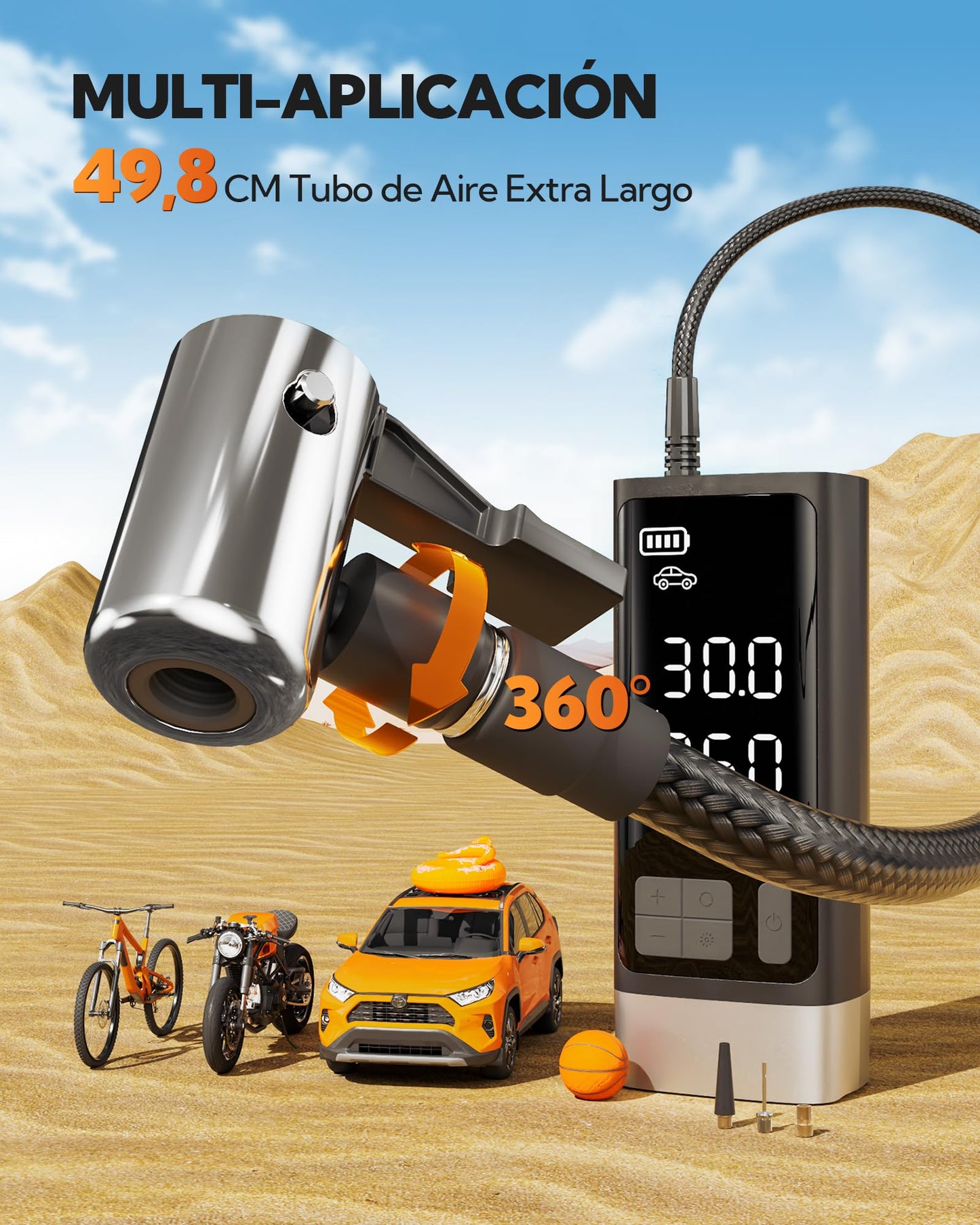 Compresor Aire portátil,Inflador Ruedas Coche 10,3Bar,Bomba de Aire Multifuncional con Motor bicilíndrico y 2500 mAh,Kit de Emergencia para vehículos Grandes,Pickups, Motos.con iluminación LED.