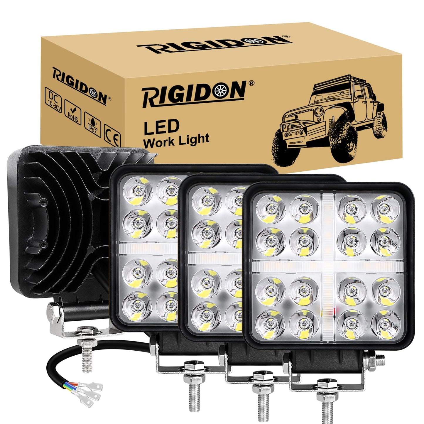 RIGIDON 4 Piezas 4 pulgadas 48W faro de trabajo rectangular, Blanco y ámbar spot lámpara trabajo led para off road camión coche ATV 4x4 tractor, Exterior foco led 12v 24v spotlights faros antiniebla