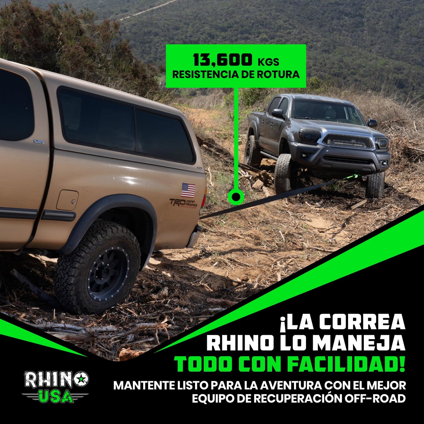 Rhino USA Correa de Remolque (7,6cmX6,1m) - Resistencia a la Rotura de 13.600 kg - Cuerda de Recuperación de Emergencia para Camión, UTV, ATV - Recuperación Heavy Duty para Uso Todoterreno 4X4 - Negra