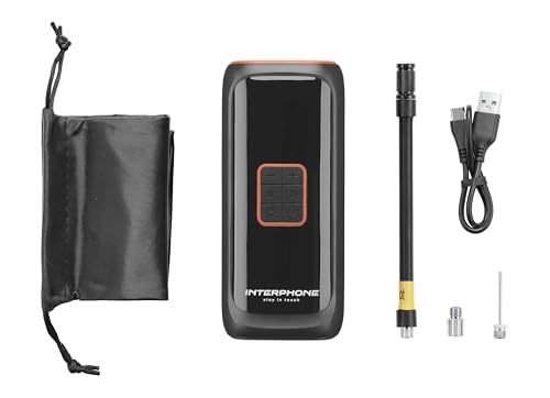 INTERPHONE Compresor portátil de Bolsillo Recargable para Moto, Coche, Bicicleta – Kit de inflado de neumáticos – hasta 4 neumáticos – 4 Minutos de Goma – Luz LED – Pantalla de presión