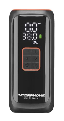INTERPHONE Compresor portátil de Bolsillo Recargable para Moto, Coche, Bicicleta – Kit de inflado de neumáticos – hasta 4 neumáticos – 4 Minutos de Goma – Luz LED – Pantalla de presión