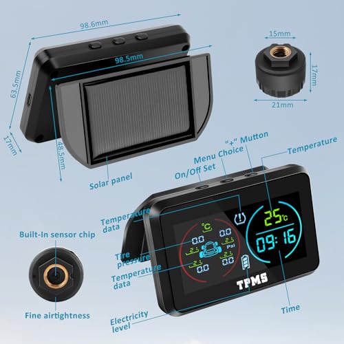KAOLALI TPMS Sistema de monitoreo de presión de neumáticos, TPMS de visualización de Tiempo y Temperatura, Carga Solar y función de Carga USB, con 4 sensores externos de presión de neumáticos para RV