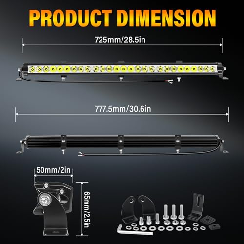 RIGIDON 29 Pulgadas 73 cm 90W 9000LM barra de luz led, 12V 24V Unica fila barra luminosas led para off road camión coche ATV SUV 4x4, Foco Inundación Combo, lámpara de conducción 6000K, Impermeable