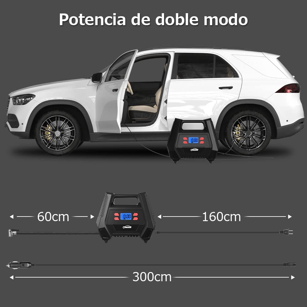 Oasser Inflador Ruedas Coche DC 12V y AC 220V Compresor Aire portatil con Pantalla LCD Luz LED Cable de 3M 150PSI para Coches, Motos y Bicicletas