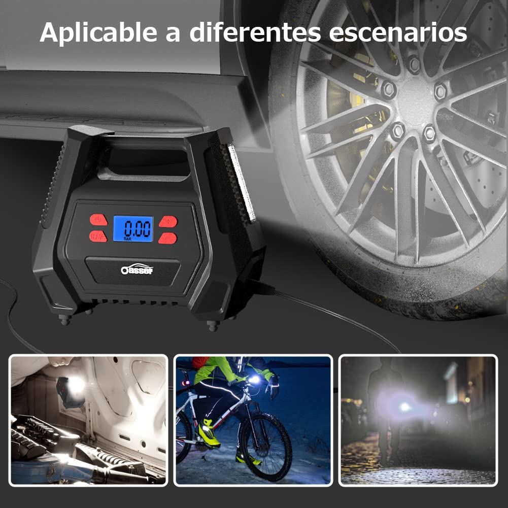 Oasser Inflador Ruedas Coche DC 12V y AC 220V Compresor Aire portatil con Pantalla LCD Luz LED Cable de 3M 150PSI para Coches, Motos y Bicicletas