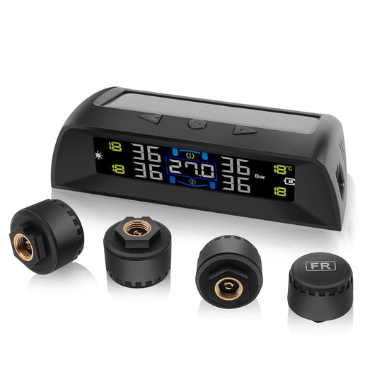 KAOLALI TPMS Sistema de Monitoreo de Presión de Neumáticos Solar, Visualización de la Temperatura Interior del Vehículo, 6 Funciones de Alarma, con Pantalla LCD en Color y 4 Sensores Externos 0-72Psi