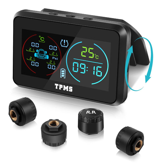 KAOLALI TPMS Sistema de monitoreo de presión de neumáticos, TPMS de visualización de Tiempo y Temperatura, Carga Solar y función de Carga USB, con 4 sensores externos de presión de neumáticos para RV