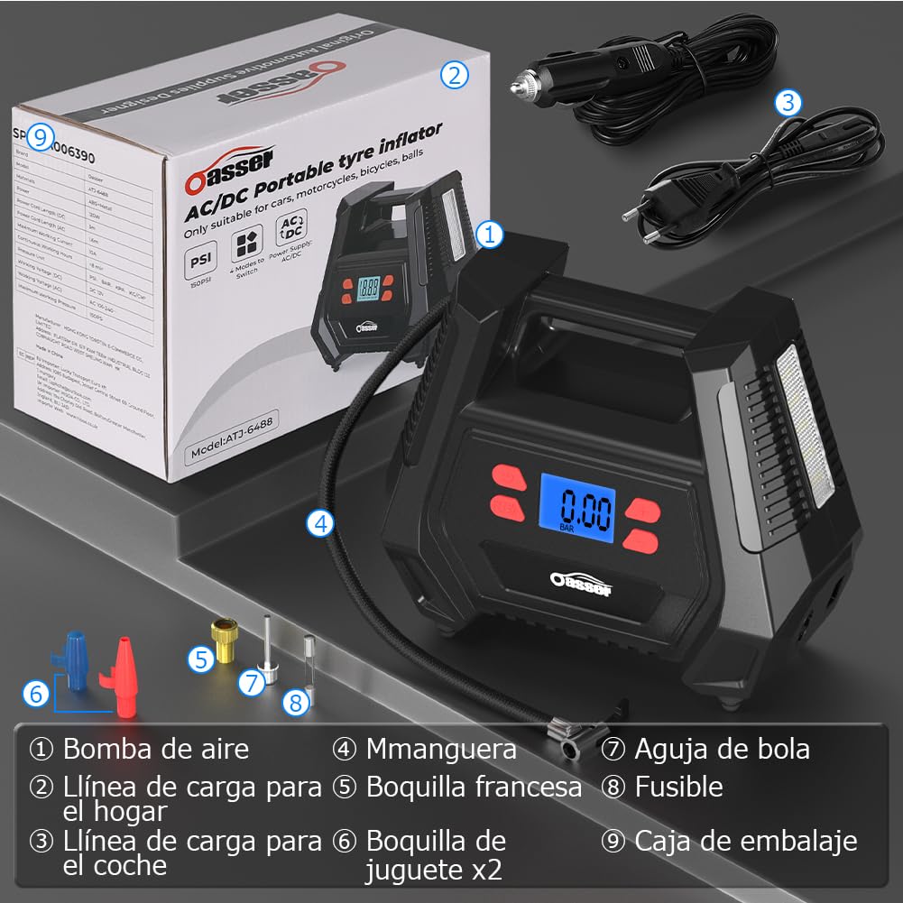 Oasser Inflador Ruedas Coche DC 12V y AC 220V Compresor Aire portatil con Pantalla LCD Luz LED Cable de 3M 150PSI para Coches, Motos y Bicicletas