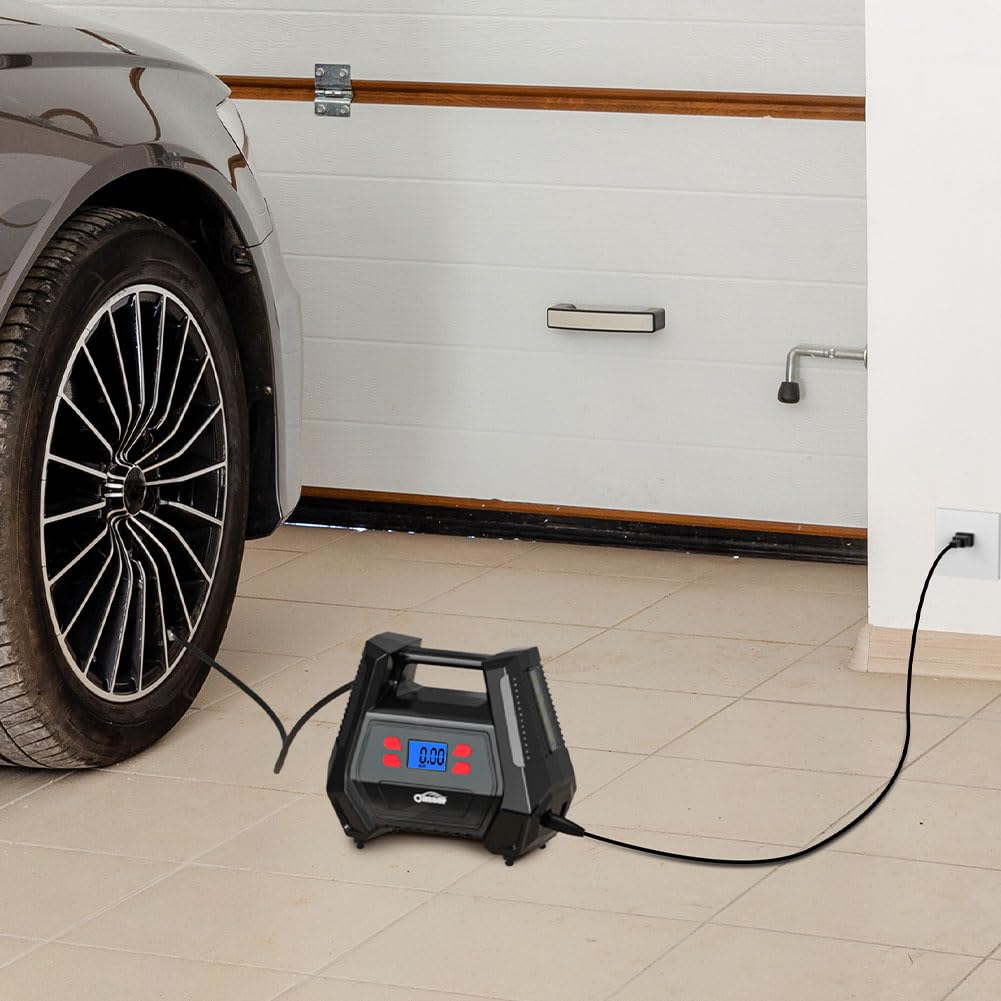 Oasser Inflador Ruedas Coche DC 12V y AC 220V Compresor Aire portatil con Pantalla LCD Luz LED Cable de 3M 150PSI para Coches, Motos y Bicicletas