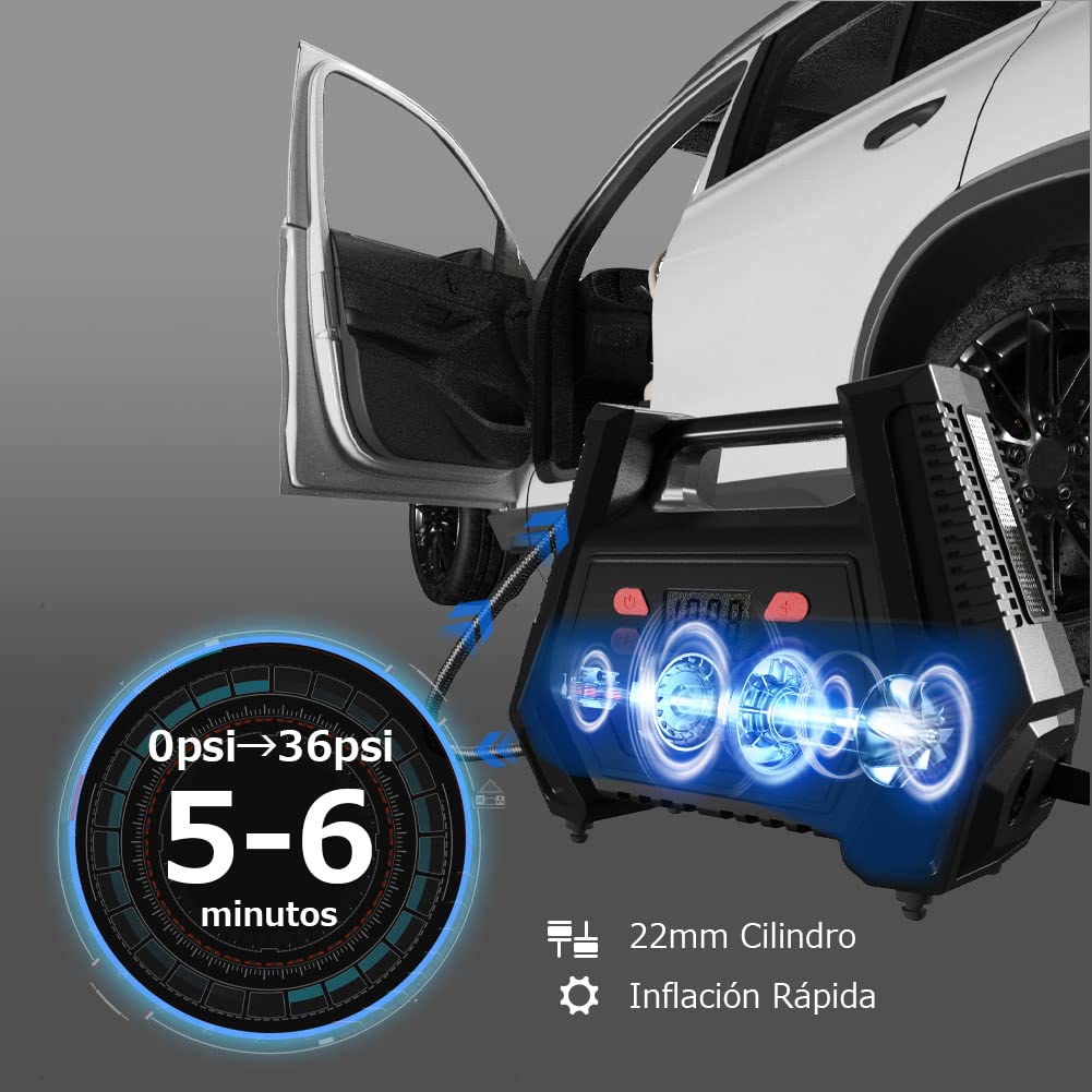 Oasser Inflador Ruedas Coche DC 12V y AC 220V Compresor Aire portatil con Pantalla LCD Luz LED Cable de 3M 150PSI para Coches, Motos y Bicicletas