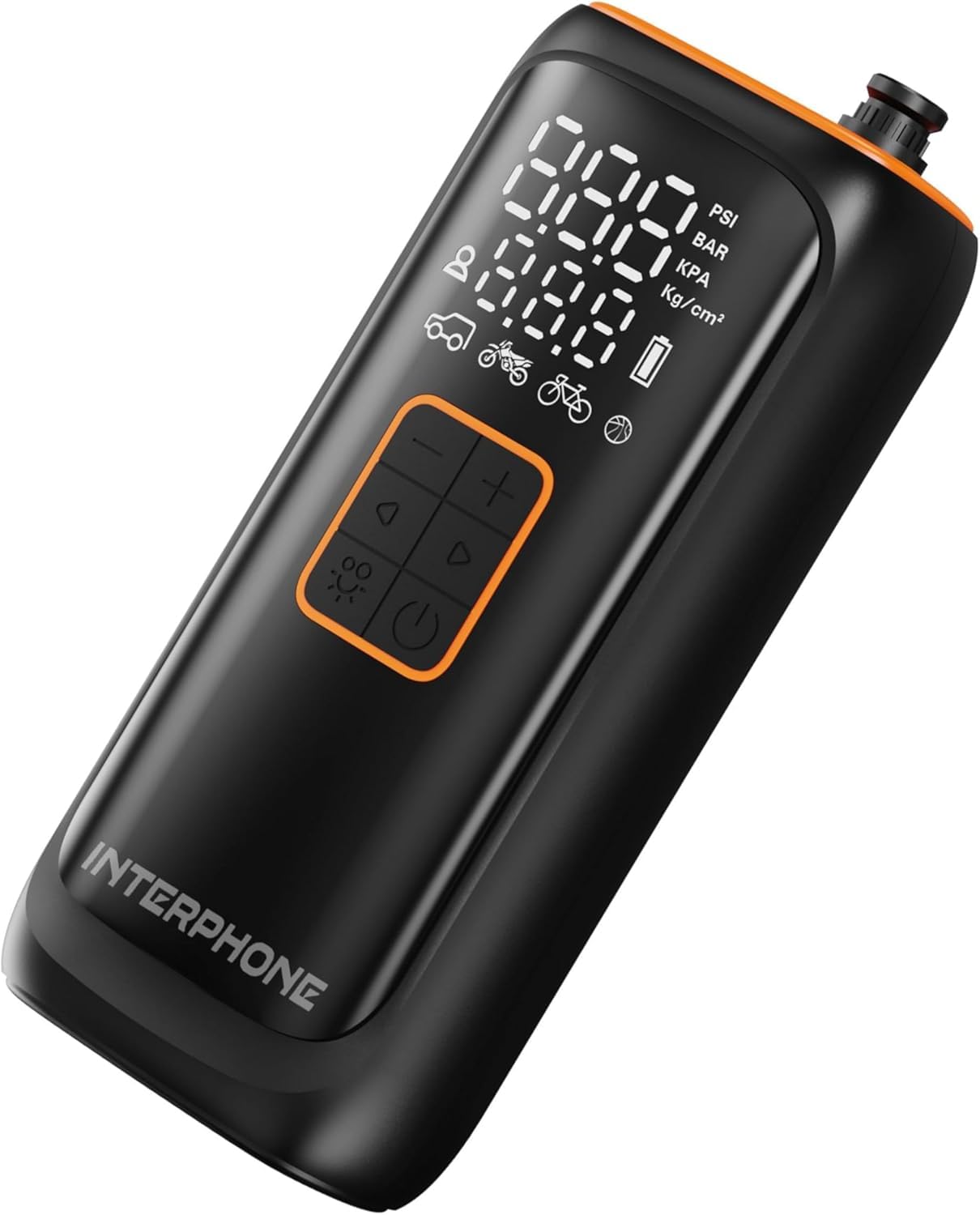 INTERPHONE Compresor portátil de Bolsillo Recargable para Moto, Coche, Bicicleta – Kit de inflado de neumáticos – hasta 4 neumáticos – 4 Minutos de Goma – Luz LED – Pantalla de presión