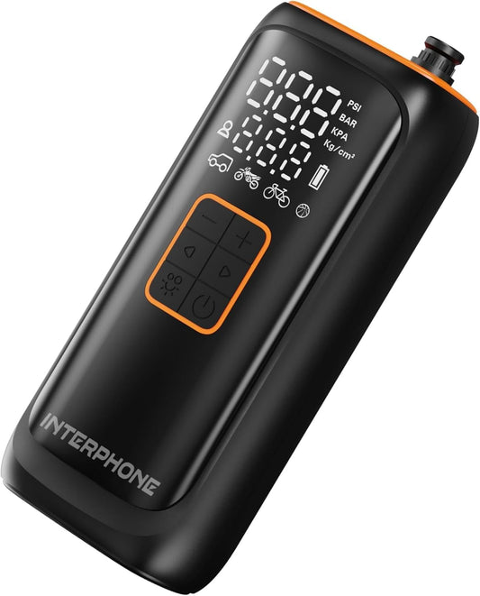 INTERPHONE Compresor portátil de Bolsillo Recargable para Moto, Coche, Bicicleta – Kit de inflado de neumáticos – hasta 4 neumáticos – 4 Minutos de Goma – Luz LED – Pantalla de presión