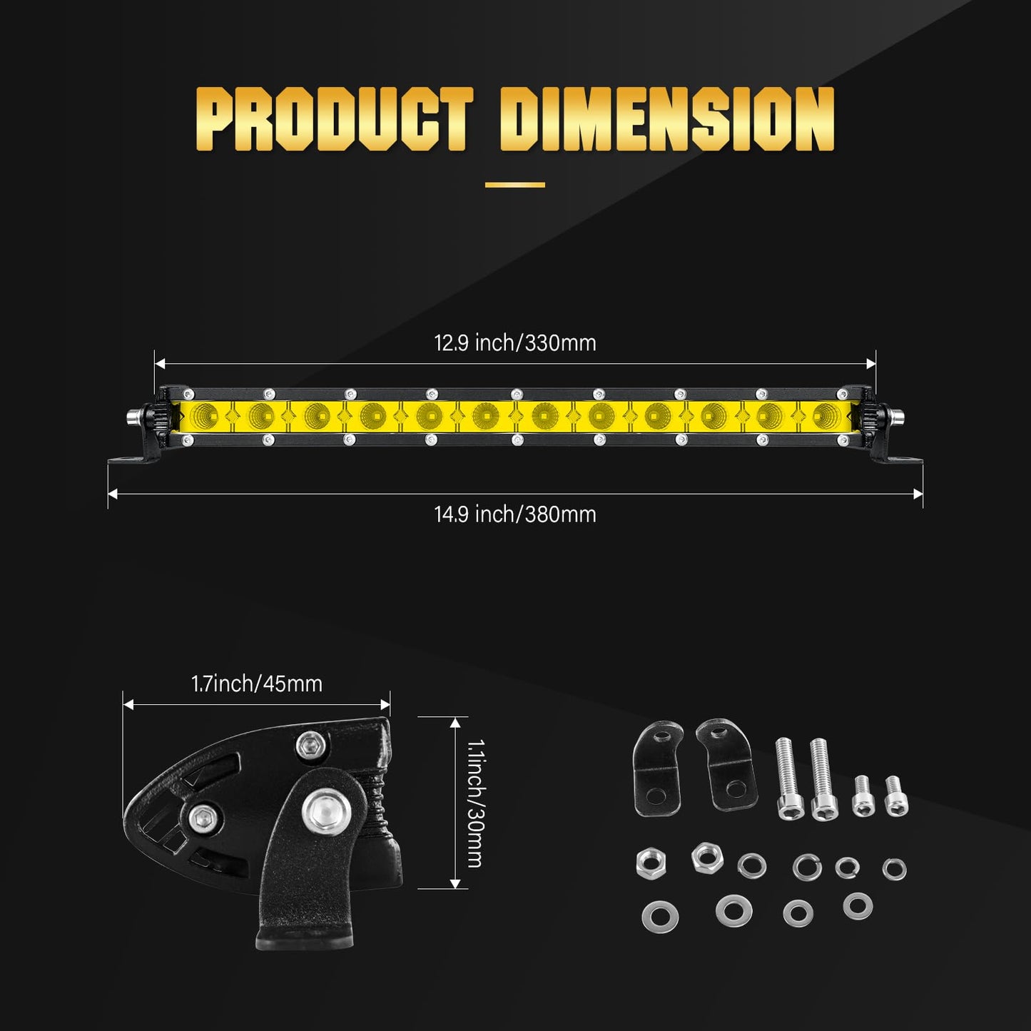 RIGIDON Amarillo Barra de luz led, 12V 24V 13 Pulgadas 60W floodlights, Unica Fila Barras Luminosas led para Off Road camión Coche ATV SUV 4x4 Todoterreno, luz inundacion , 3000k Faros antiniebla