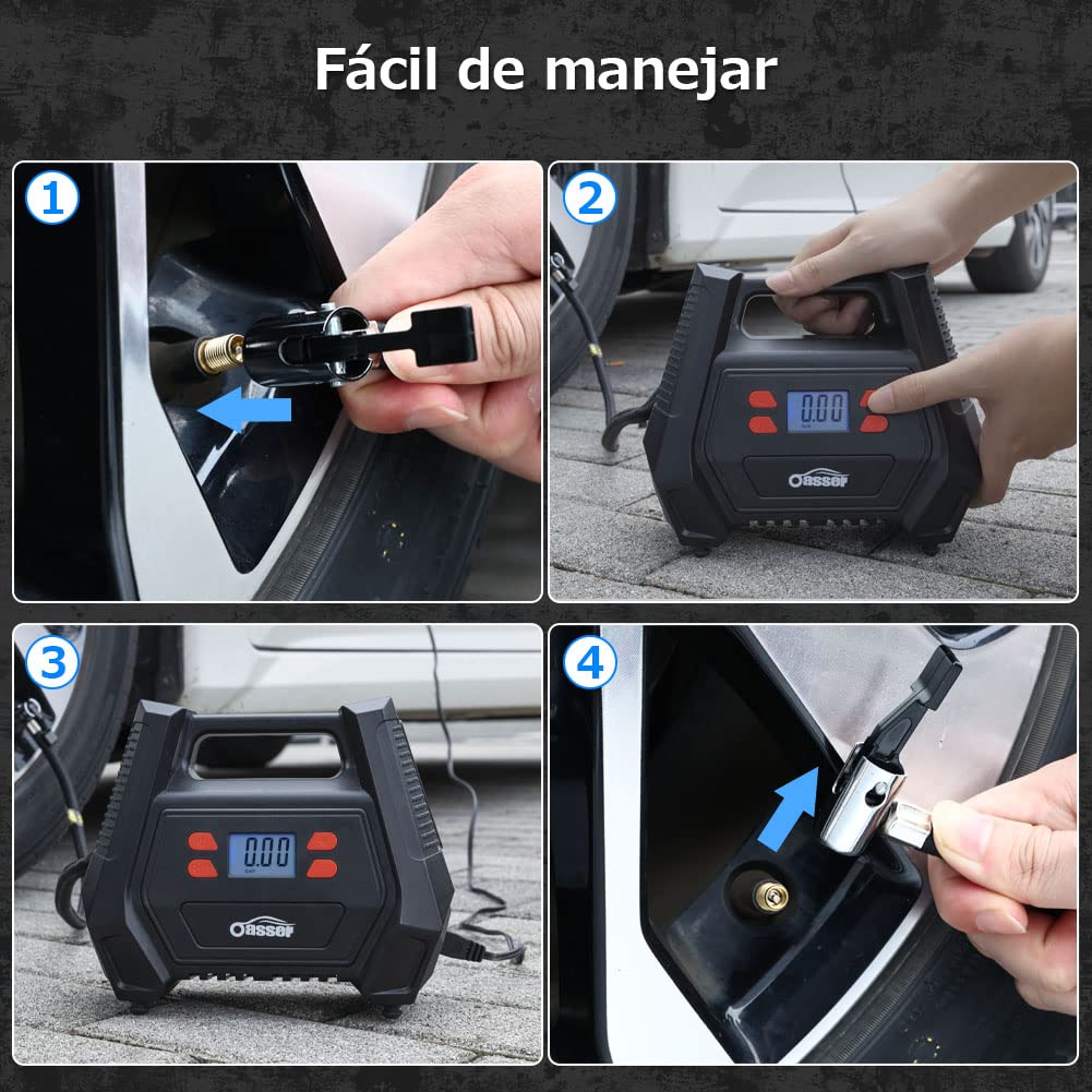 Oasser Inflador Ruedas Coche DC 12V y AC 220V Compresor Aire portatil con Pantalla LCD Luz LED Cable de 3M 150PSI para Coches, Motos y Bicicletas
