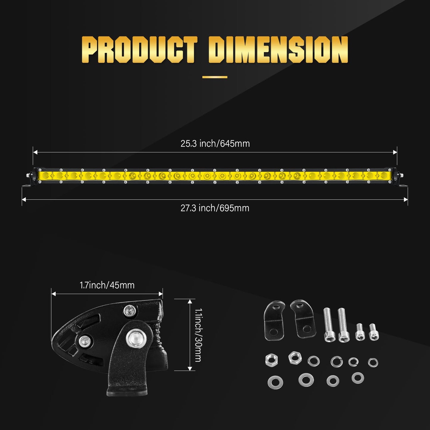 RIGIDON Amarillo barra de luz led, 12V 24V 25 pulgadas 120W, Unica fila delgado barras luminosas led para off road camión coche ATV SUV 4x4 todoterreno, 3000k faros antiniebla, flood spot combo