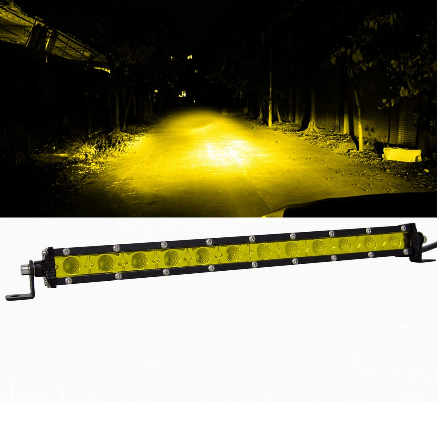 RIGIDON Amarillo Barra de luz led, 12V 24V 13 Pulgadas 60W floodlights, Unica Fila Barras Luminosas led para Off Road camión Coche ATV SUV 4x4 Todoterreno, luz inundacion , 3000k Faros antiniebla