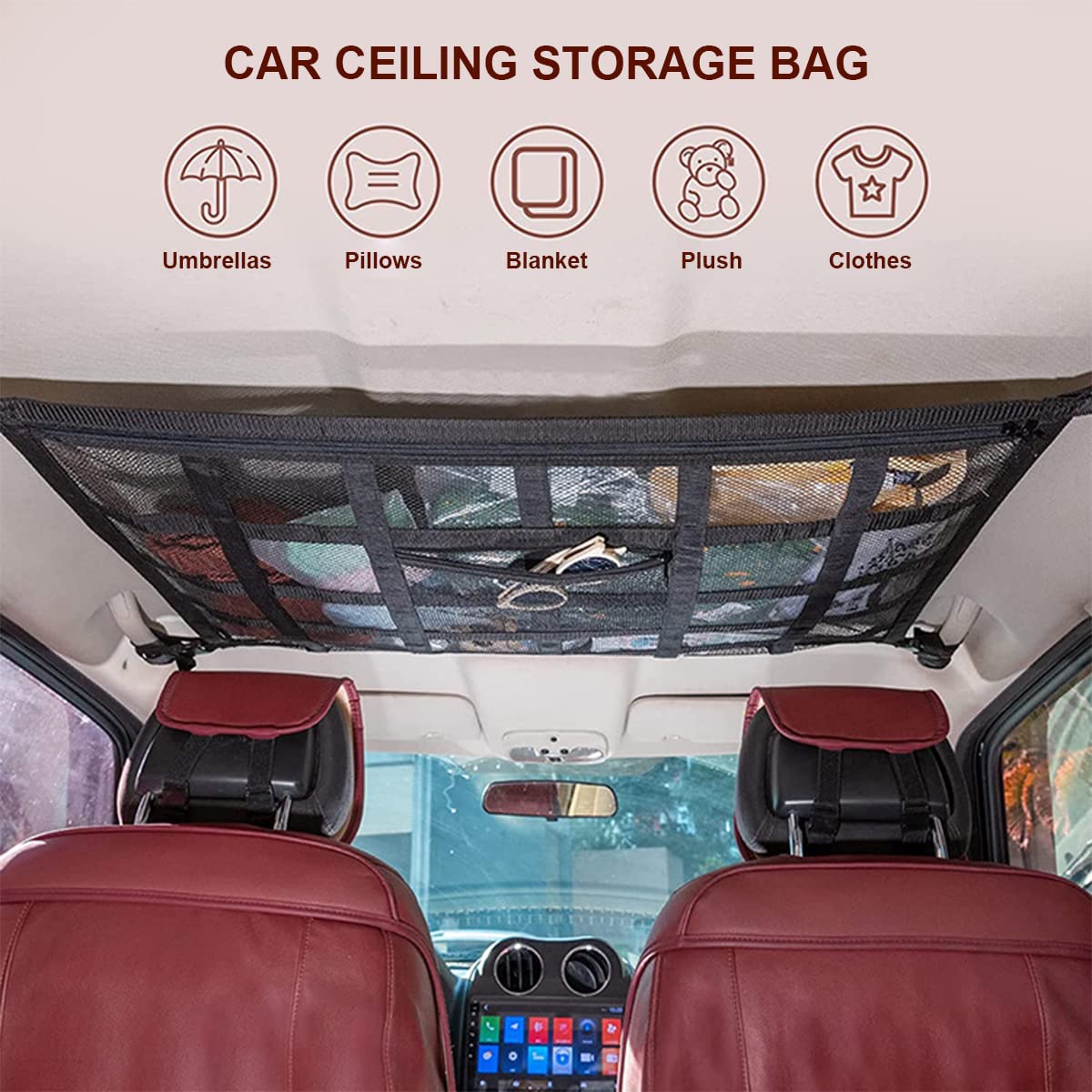Red Almacenamiento Universal para Techo de Coche, Furgoneta Camper, Organizador de Cargo de Almacenaje, Poliéster, Negro (25,5 * 35,5in)