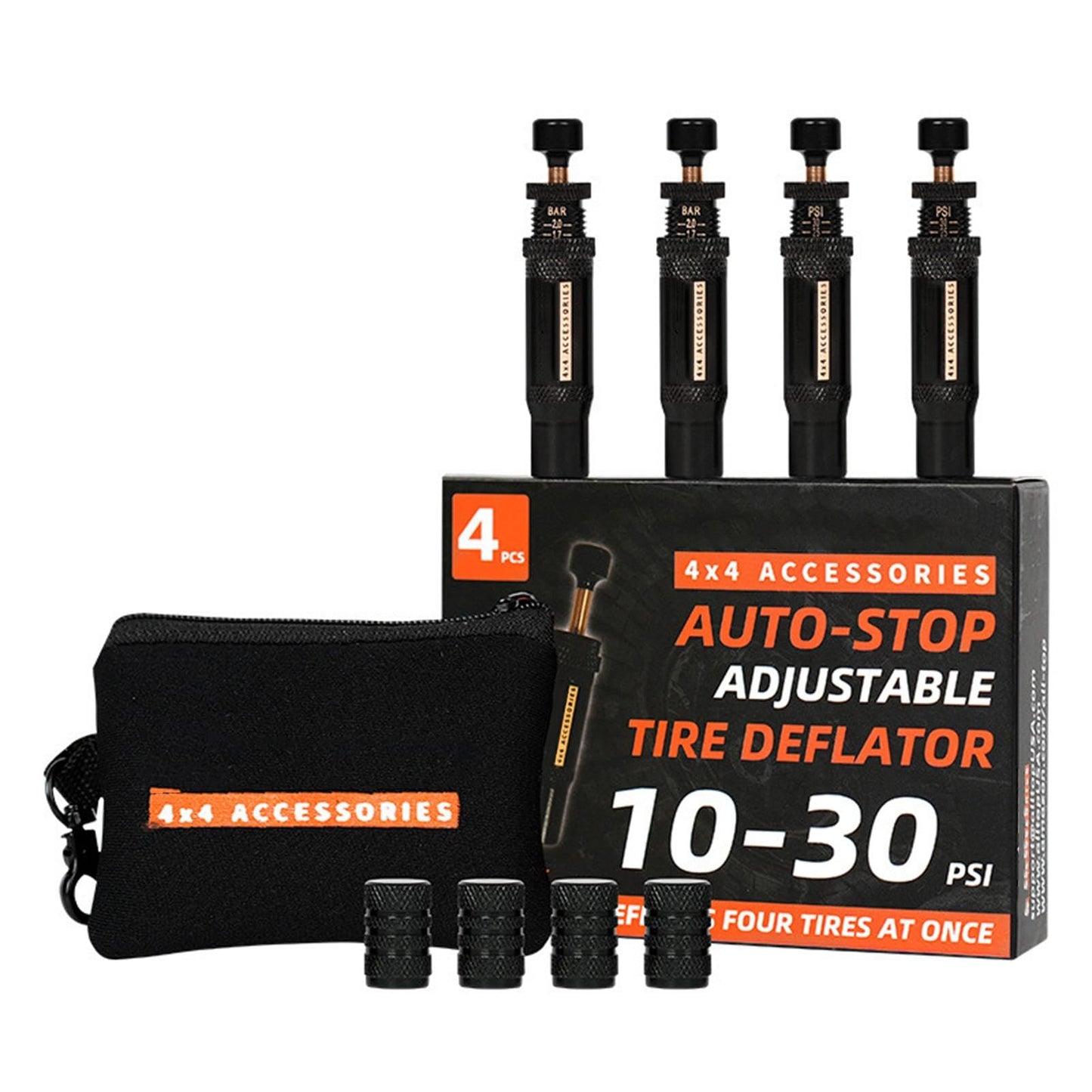 Deflactor de neumáticos automático, desinflador de neumáticos rápido, deflector de aire ajustable, 4 piezas 4 x 4 (10 – 30 psi) Auto Stop Rapid para vehículos todoterreno