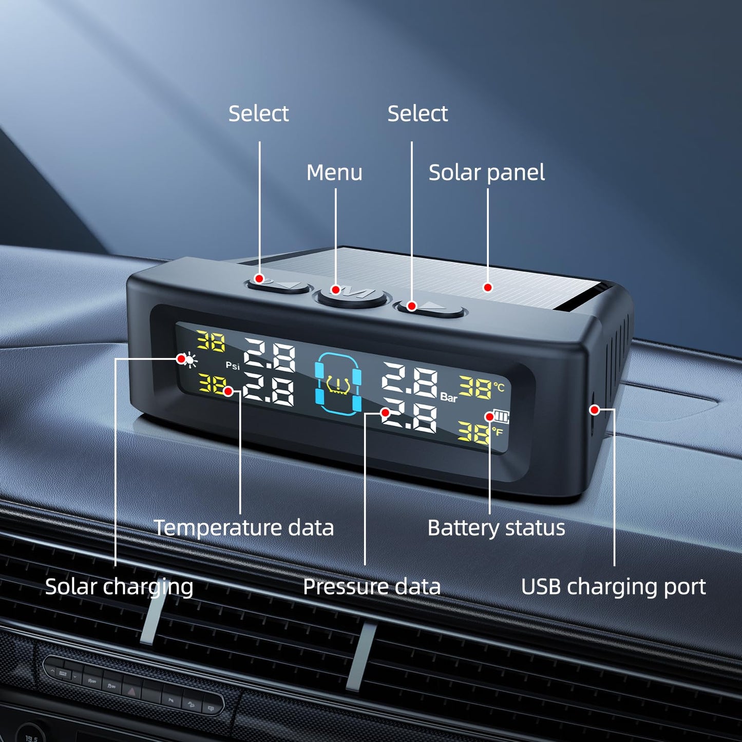 KAOLALI Sistema de monitoreo de presión de neumáticos TPMS Solar Wireless Monitor de presión de neumáticos con 4 sensores externos, visualización en tiempo real, presión de temperatura, 5 bares, carga