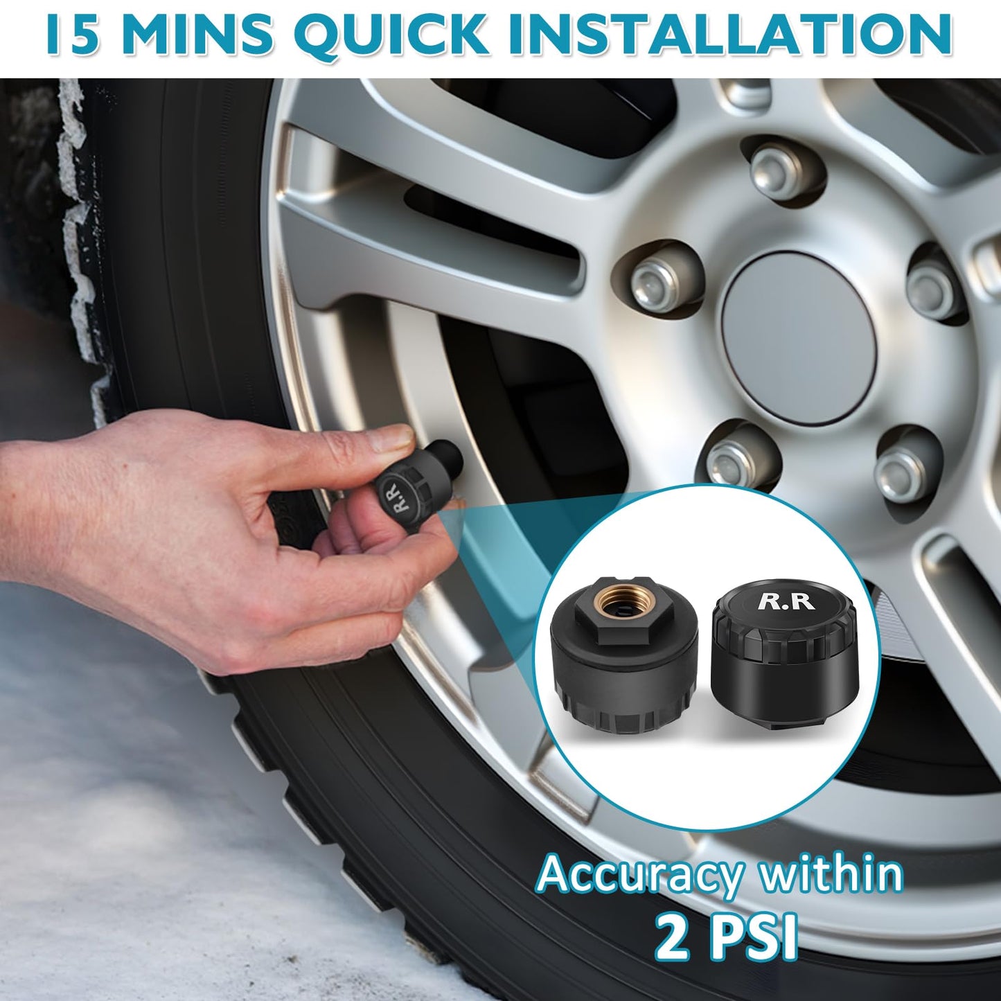 KAOLALI TPMS Sistema de monitoreo de presión de neumáticos, TPMS de visualización de Tiempo y Temperatura, Carga Solar y función de Carga USB, con 4 sensores externos de presión de neumáticos para RV
