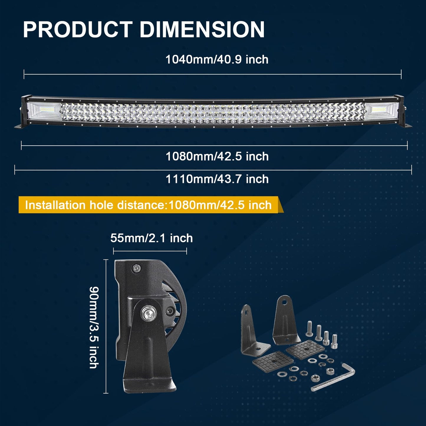 RIGIDON 42 Pulgadas 105 cm 540W delgado curva barra de luz led, 12V 24V Tri fila barras luminosas led para off road camión coche ATV SUV 4x4, Foco Inundación Combo, lámpara de conducción 6000K