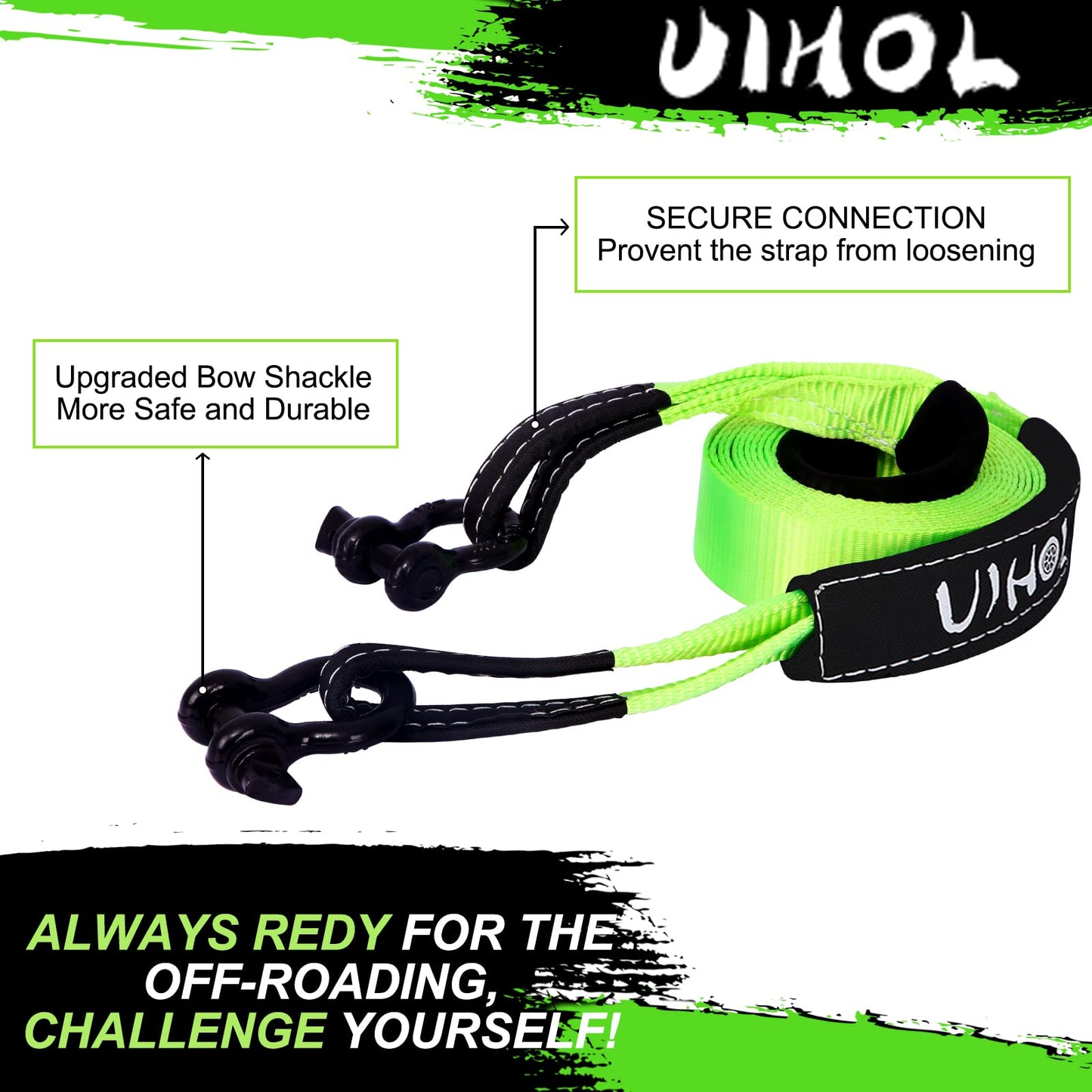Cuerda de Remolque para Coche 10T, UIHOL 1/2'' Grillete Proa con Una Resistencia la Rotura de 26,455 LBS, 5M Eslinga 4x4 de Emergencia Vehículo para Mayor Seguridad,Diseño Verde Fluorescente