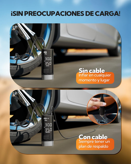 Compresor Aire portátil,Inflador Ruedas Coche 10,3Bar,Bomba de Aire Multifuncional con Motor bicilíndrico y 2500 mAh,Kit de Emergencia para vehículos Grandes,Pickups, Motos.con iluminación LED.