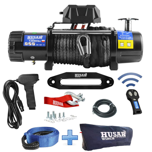 Husar Winch Cabrestante Eléctrico de 13500 lbs | 6124 kg, 12 V, Con Cuerda Sintética De 26 m, Control Inalámbrico, Transmisión Planetaria De 3 Etapas, Ideal Para Vehículos Todoterreno, Vehículos 4x4