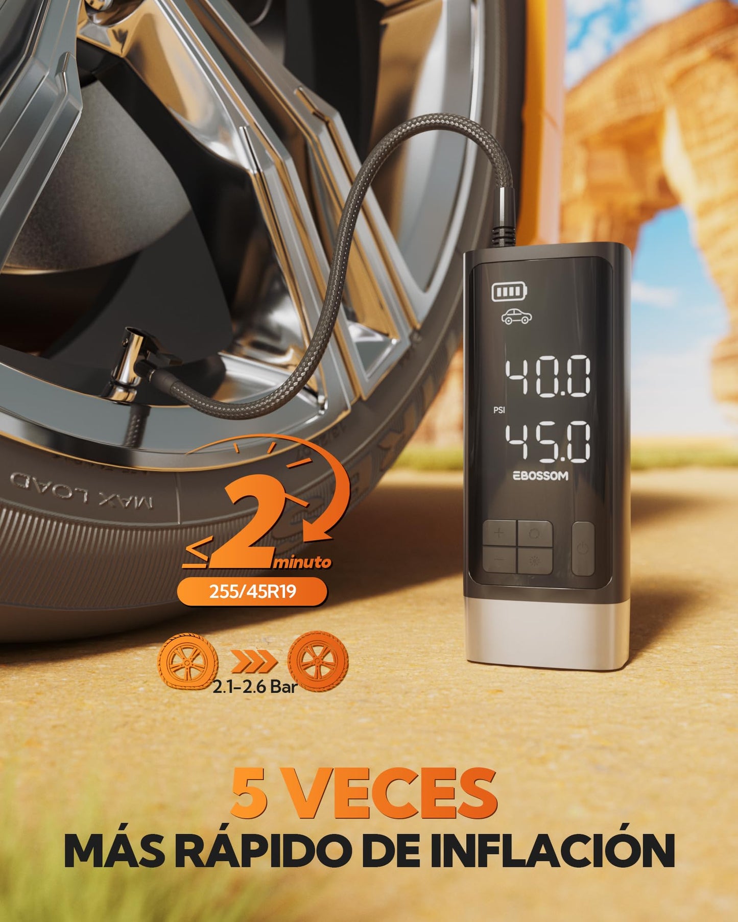 Compresor Aire portátil,Inflador Ruedas Coche 10,3Bar,Bomba de Aire Multifuncional con Motor bicilíndrico y 2500 mAh,Kit de Emergencia para vehículos Grandes,Pickups, Motos.con iluminación LED.