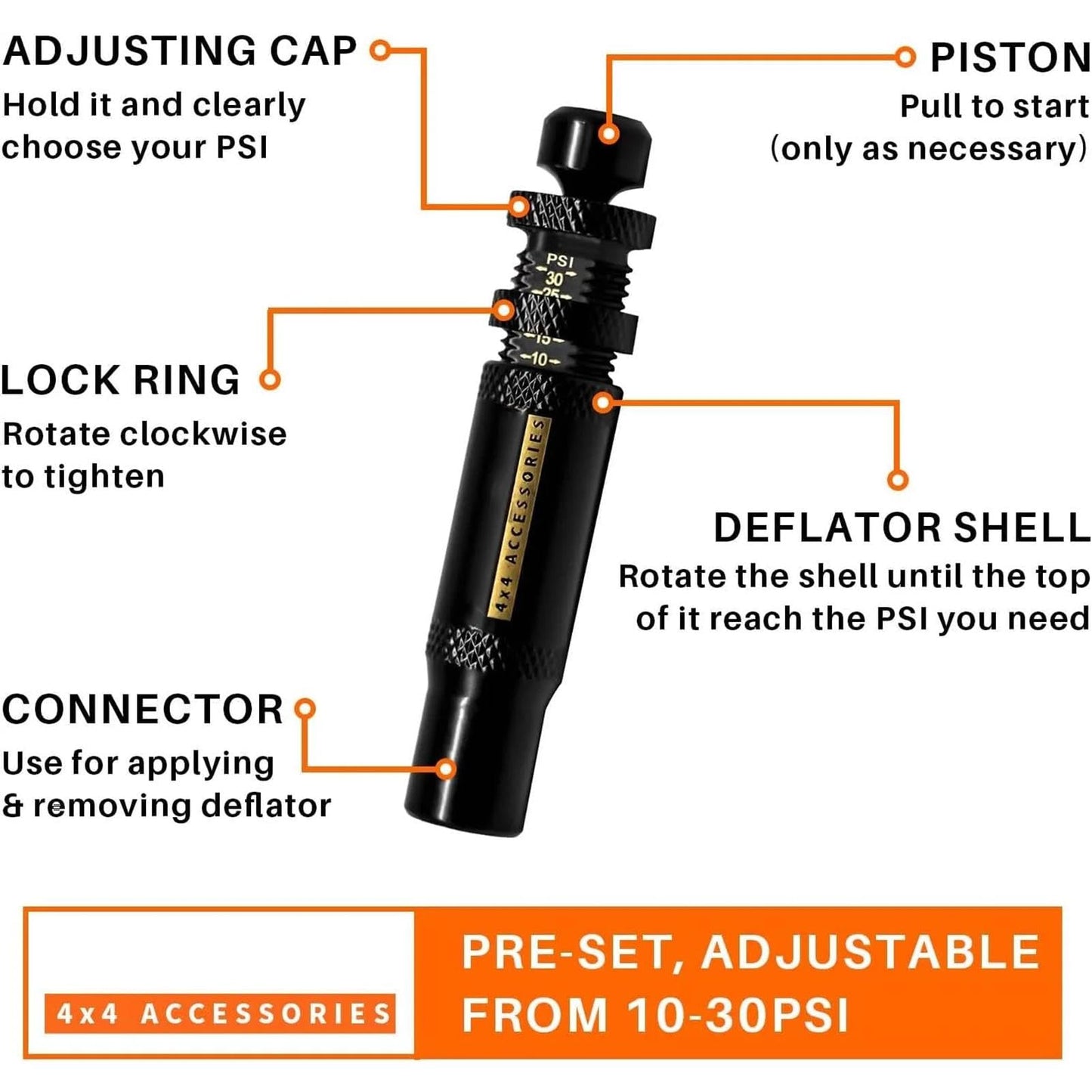 Deflactor de neumáticos automático, desinflador de neumáticos rápido, deflector de aire ajustable, 4 piezas 4 x 4 (10 – 30 psi) Auto Stop Rapid para vehículos todoterreno