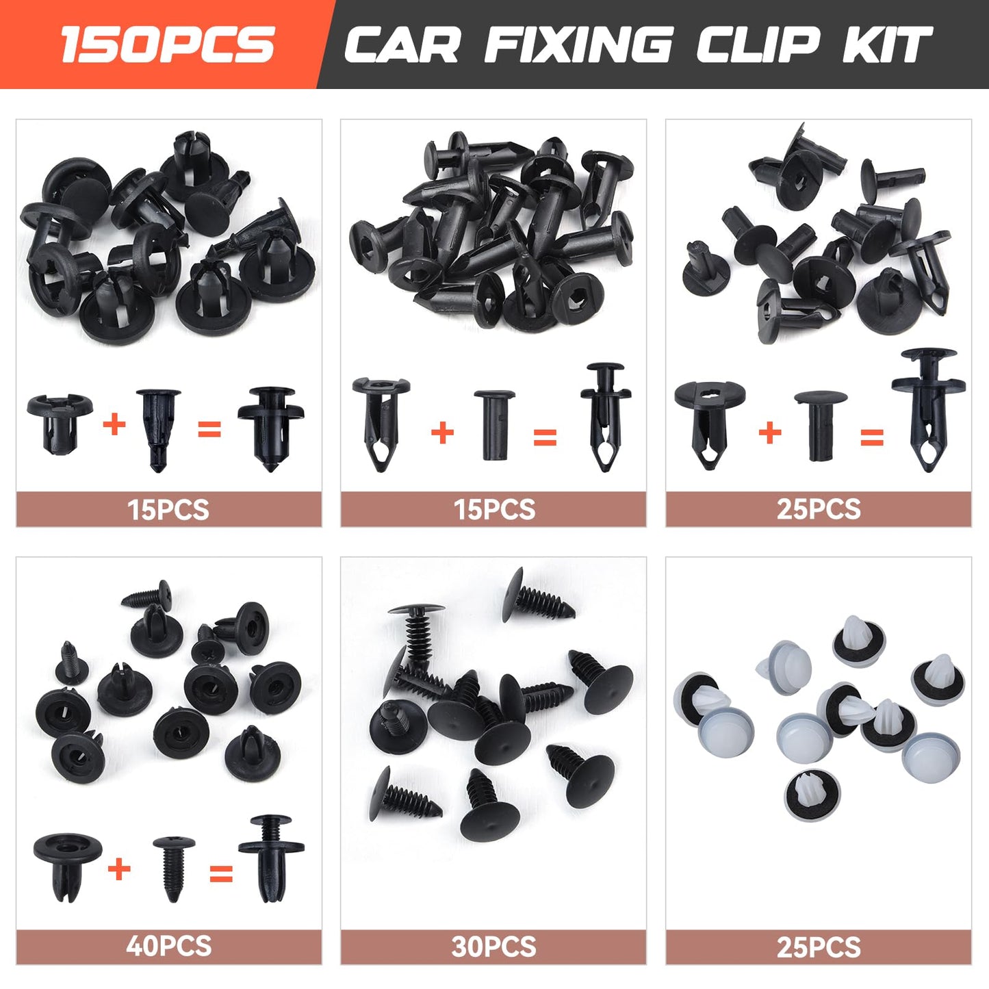 Preciva grapas coche surtido con remaches y clips, grapas para coche 150 unidades con 6 tipos, 5 saca grapas incluidos, grapas para coche, chinchetas techo coche, accesorios coche interior