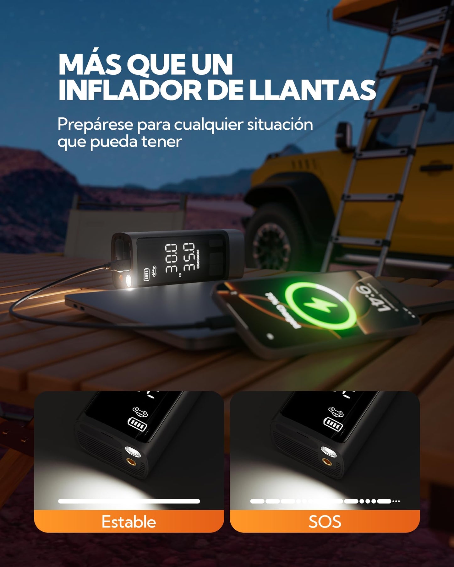 Compresor Aire portátil,Inflador Ruedas Coche 10,3Bar,Bomba de Aire Multifuncional con Motor bicilíndrico y 2500 mAh,Kit de Emergencia para vehículos Grandes,Pickups, Motos.con iluminación LED.