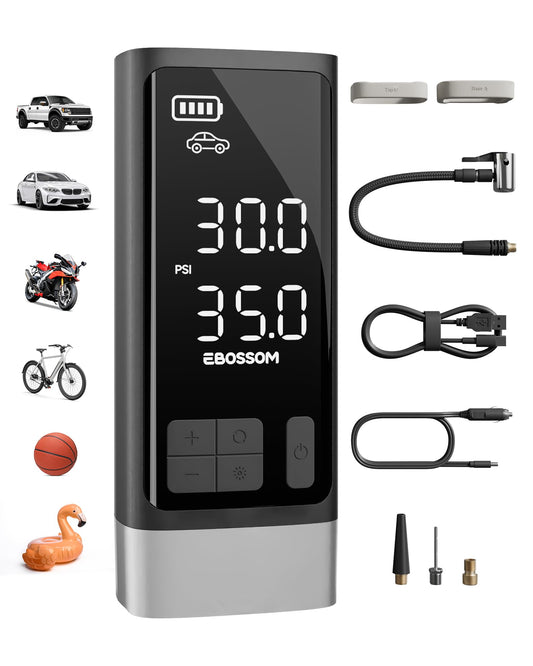 Compresor Aire portátil,Inflador Ruedas Coche 10,3Bar,Bomba de Aire Multifuncional con Motor bicilíndrico y 2500 mAh,Kit de Emergencia para vehículos Grandes,Pickups, Motos.con iluminación LED.