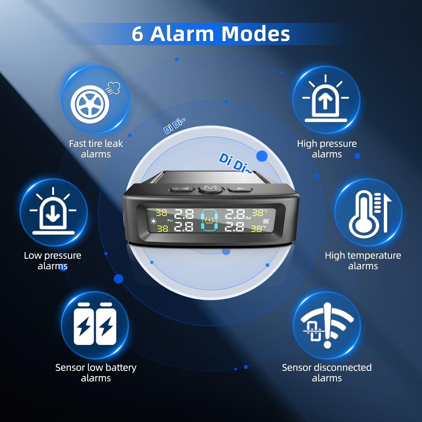 KAOLALI Sistema de monitoreo de presión de neumáticos TPMS Solar Wireless Monitor de presión de neumáticos con 4 sensores externos, visualización en tiempo real, presión de temperatura, 5 bares, carga