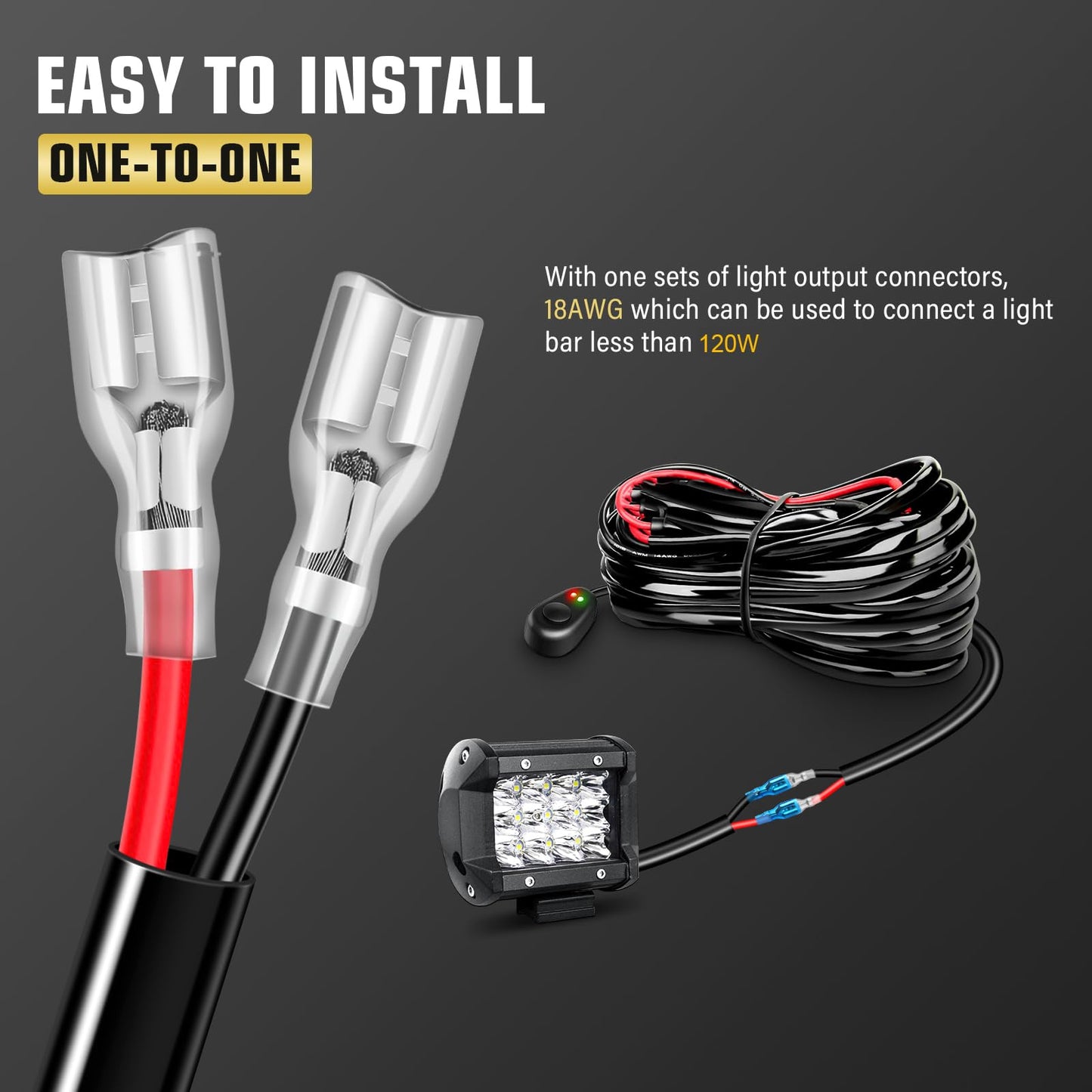 RIGIDON 1 Lead 12 V 18AWG CC Kit de cableado de luz antiniebla, Kit de cableado para barra de luz led, lámpara trabajo, faro, Arnés de encendido/apagado de relé de fusible (Modelo A)