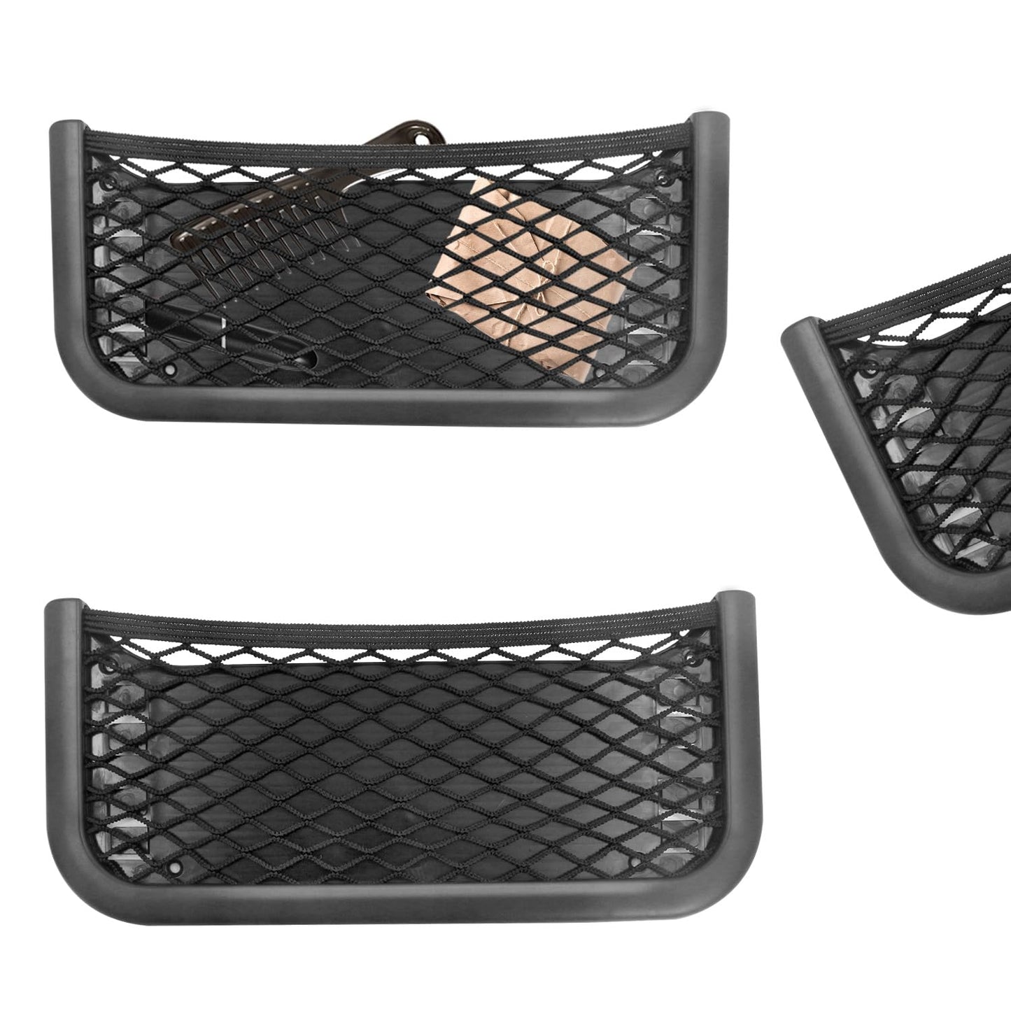 Red Bolso Coche Organizador Maletero - 2 Piezas Bolsa de Malla para Maletero, Universal Redes de Almacenamiento Autoadhesivo para Caravanas, Camiones y Autocaravanas (26 x 12 cm, Negro)