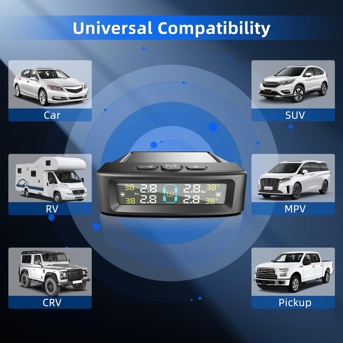 KAOLALI Sistema de monitoreo de presión de neumáticos TPMS Solar Wireless Monitor de presión de neumáticos con 4 sensores externos, visualización en tiempo real, presión de temperatura, 5 bares, carga