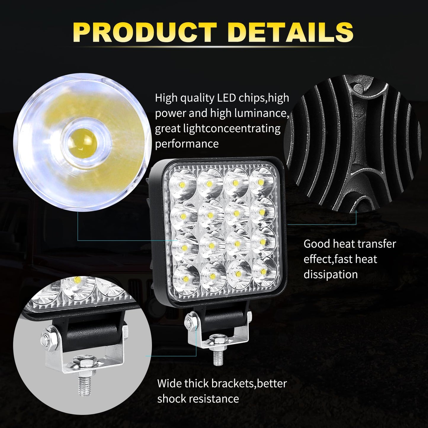 RIGIDON 4 Pcs Faro de trabajo rectangular, 3.3 pulgadas mini 48W, Spot lámpara trabajo led para off road camión coche ATV 4x4 tractor moto, Exterior foco led 12v 24v spotlights faros antiniebla