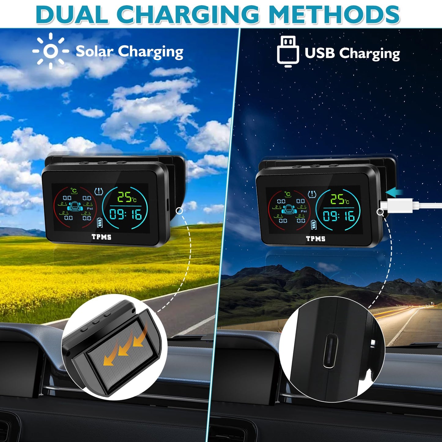 KAOLALI TPMS Sistema de monitoreo de presión de neumáticos, TPMS de visualización de Tiempo y Temperatura, Carga Solar y función de Carga USB, con 4 sensores externos de presión de neumáticos para RV